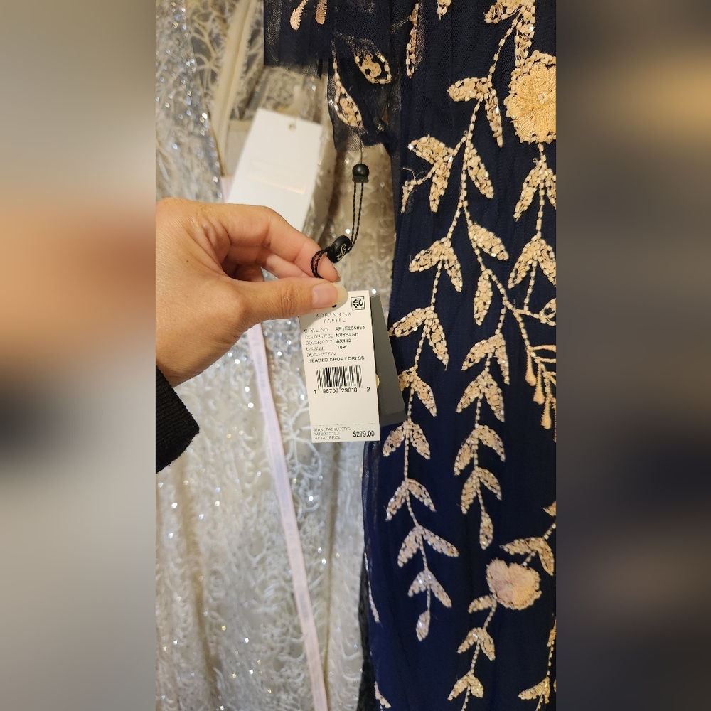 Adrianna Papell Navy & Blush Floral Sequin Embroidery Dress NWT - Picture 10 of 12